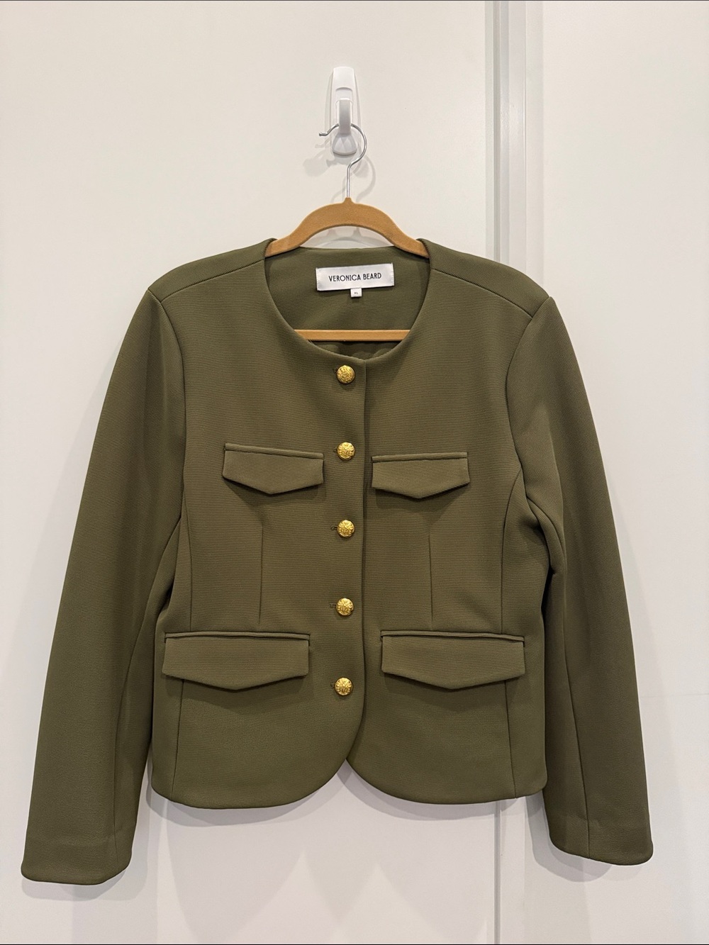 Veronica Beard Olive Collarless Military-Inspired Blazer with Gold Buttons